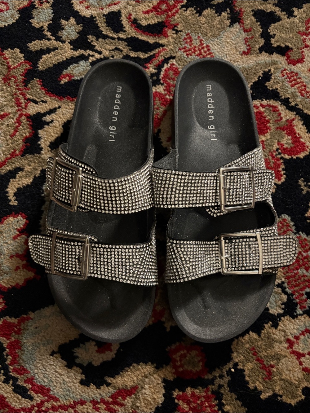 Madden Girl Silver Rhinestone Double Buckle Slide Sandals